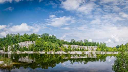 A serene landscape featuring a calm lake reflecting rocky cliffs and lush greenery under a partly cloudy sky.