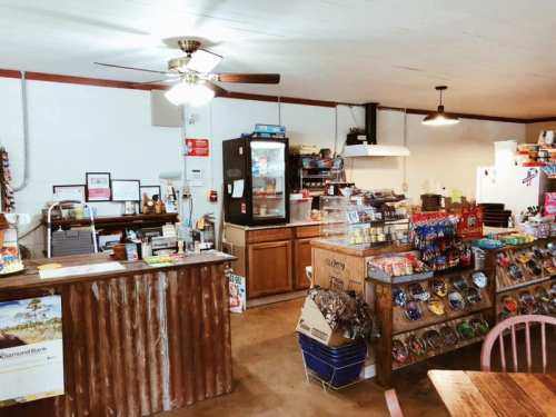 A cozy store interior featuring a wooden counter, shelves of snacks, and a refrigerator in a rustic setting.