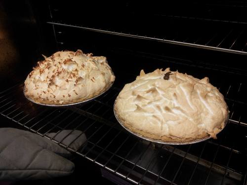 Two freshly baked pies with fluffy meringue tops, one topped with toasted coconut, in an oven.