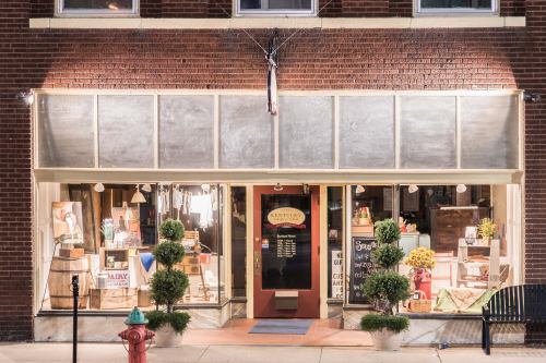 A charming storefront at night, featuring large windows displaying various items and decorative plants outside.
