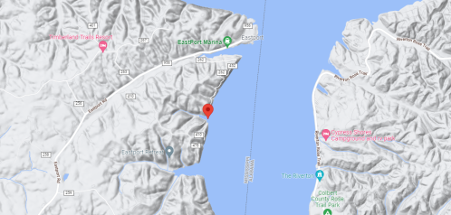 Map showing Eastport Marina and nearby locations along a waterway, with marked points of interest and topographical features.