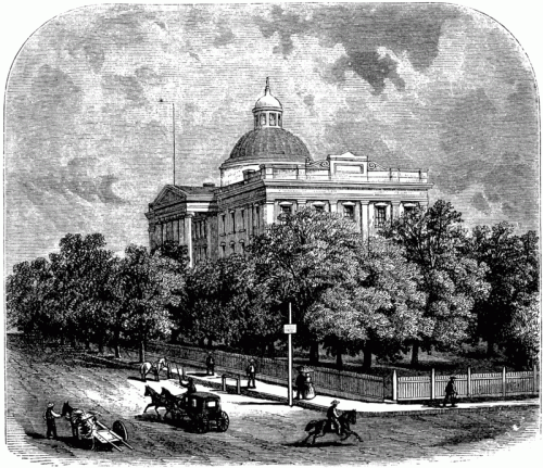 An old illustration of a grand building with a dome, surrounded by trees and a street with horse-drawn carriages.