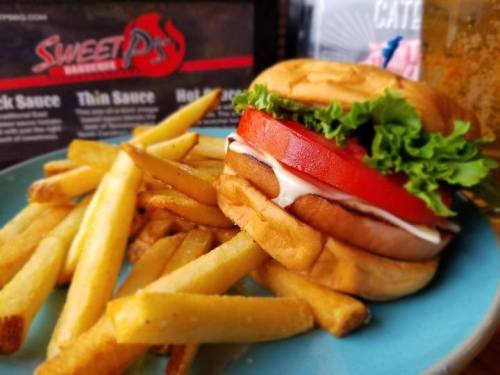 A close-up of a burger with lettuce, tomato, and mayonnaise, served with a side of golden fries on a blue plate.