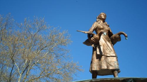 A bronze statue of a woman holding a goose, set against a clear blue sky and a bare tree.