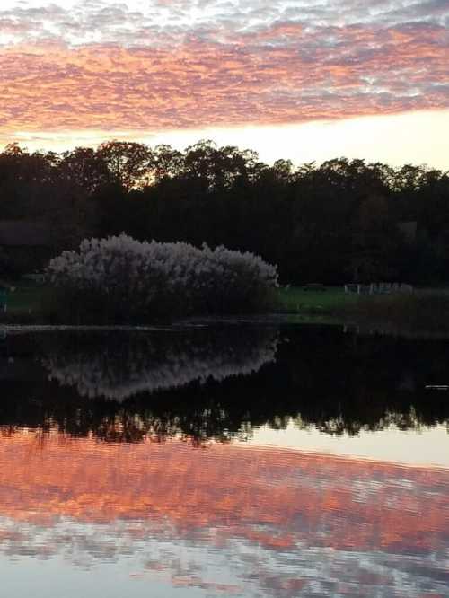 A serene lake at sunset, reflecting colorful clouds and a lush tree line on the opposite shore.