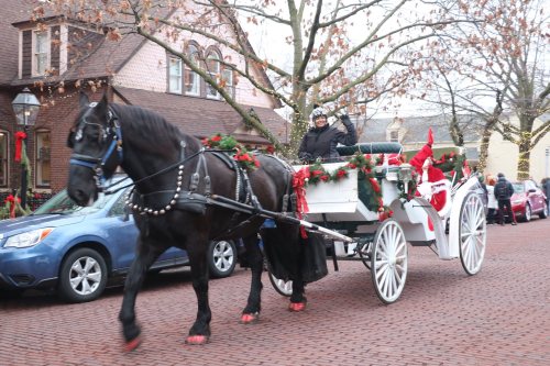 A black horse pulls a festive carriage decorated with greenery, as a person waves from inside, surrounded by holiday decor.