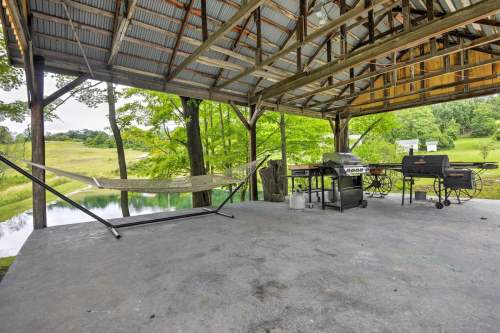 A spacious outdoor shelter with a hammock, grills, and a view of a grassy field and trees.