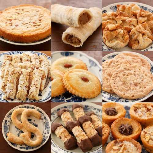 A collage of various baked goods, including pastries, cookies, and sweet treats on decorative plates.