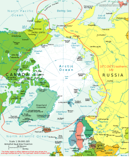 Map of the Arctic region showing Canada, Russia, and surrounding seas, with isotherm lines and geographical features.