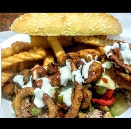 A sesame seed bun with crispy fries and a plate of seasoned meat topped with sauce and pickles.
