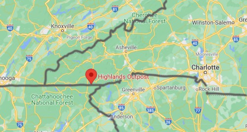 Map showing the location of Highlands Outpost in North Carolina, near Asheville and the Chattahoochee National Forest.