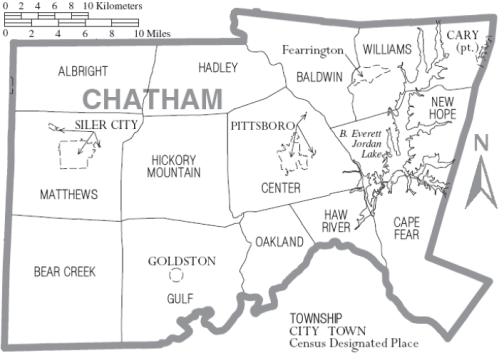 Map of Chatham County, North Carolina, showing townships, cities, and notable locations with a north arrow.