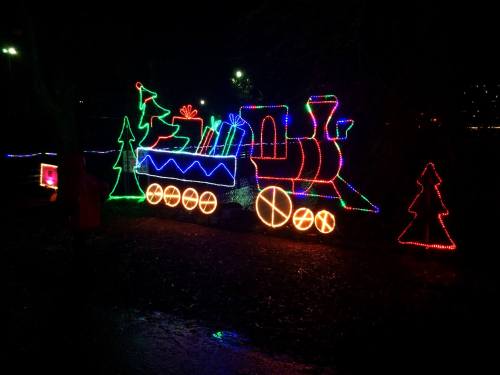 A colorful illuminated train with Christmas trees and decorations, set against a dark night sky.
