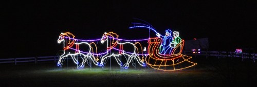 Colorful holiday lights depict a sleigh with two horses and passengers, set against a dark night sky.