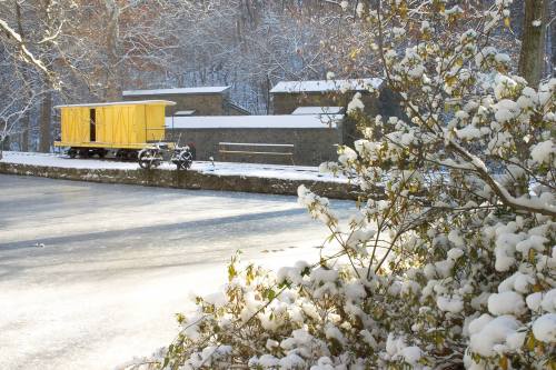 A snowy landscape featuring a yellow train car, a frozen pond, and trees with snow-covered branches.
