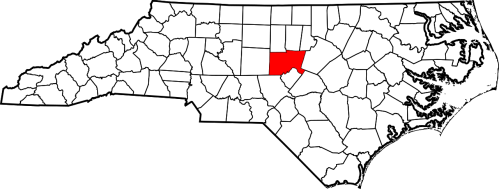 Map of North Carolina highlighting a specific county in red against a white background.