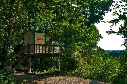 A small cabin on stilts surrounded by lush greenery and trees, with a view of distant hills in the background.