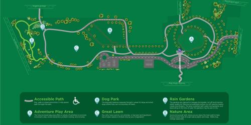 Map of a park featuring paths, a dog park, adventure play area, great lawn, rain gardens, and nature area.