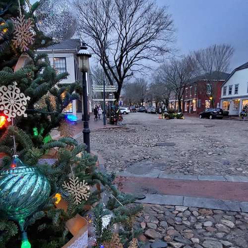 A festive street scene with decorated trees and lights, showcasing a charming cobblestone road in winter.