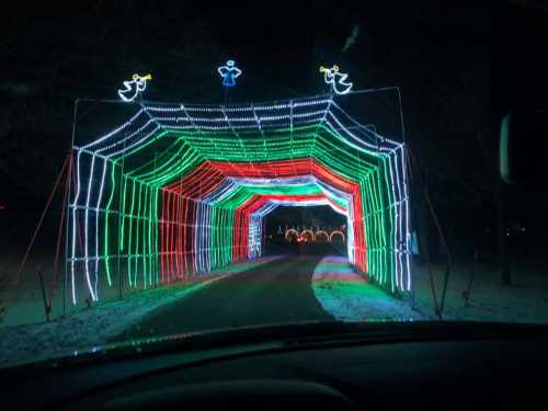 A colorful light tunnel with red, green, and white lights, viewed from inside a car on a snowy road.