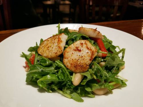 A fresh salad topped with seasoned scallops, mixed greens, red peppers, and white beans on a white plate.