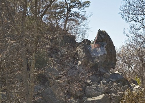 A large rock formation on a hillside, partially covered by trees and brush, under a clear blue sky.