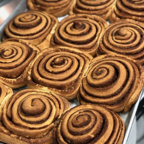 Freshly baked cinnamon rolls with swirled layers of cinnamon and sugar, arranged neatly on a tray.