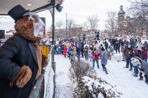 A crowd gathers in the snow as a costumed beaver in a top hat looks on from a stage during a winter event.