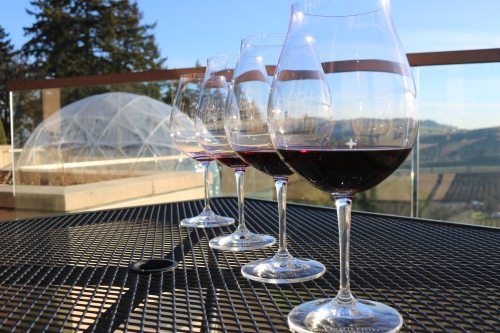 Four wine glasses filled with red wine sit on a table, with a scenic view of hills and a greenhouse in the background.