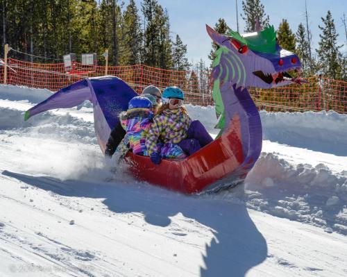 Two children in colorful ski suits ride a dragon-shaped sled down a snowy hill, surrounded by trees and a safety fence.
