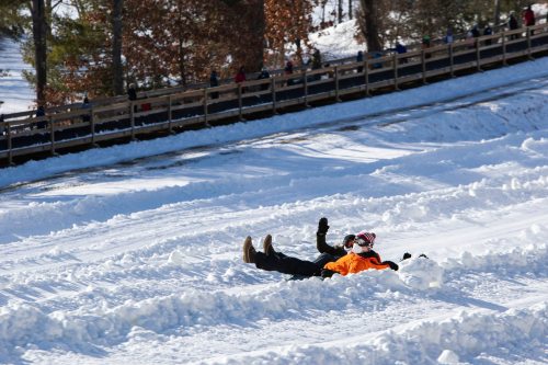 A person in an orange jacket lies on a snowy slope, enjoying a day of sledding in a winter landscape.