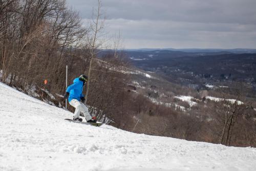 A skier in a blue jacket descends a snowy slope with a scenic view of distant hills and trees.