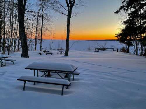 Snow-covered picnic tables by a frozen lake at sunset, with trees silhouetted against a colorful sky.