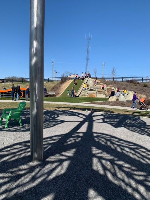 A playground scene with children sliding down a hill, surrounded by rocks and green grass under a clear blue sky.