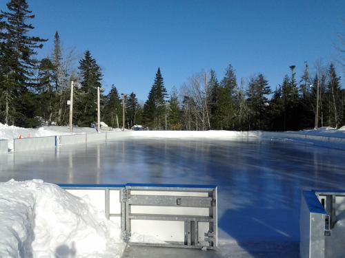A clear ice skating rink surrounded by snow and tall trees under a bright blue sky.