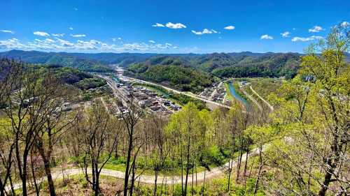 A scenic view of a valley with a winding river, surrounded by green hills and a clear blue sky.