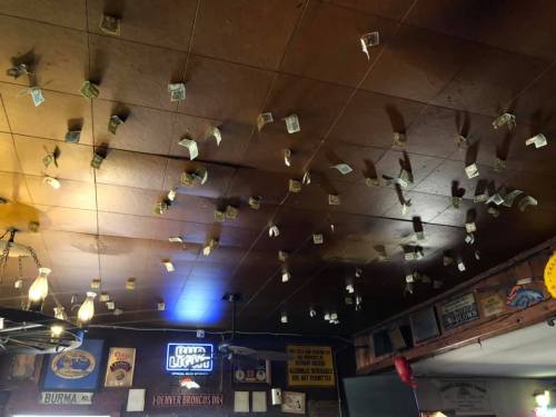 Ceiling covered with dollar bills in a rustic bar, with dim lighting and various signs on the walls.