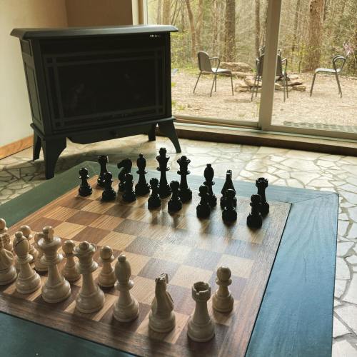 A chessboard with pieces set up, in a cozy room with a view of a patio and trees outside.