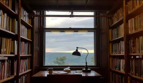 A cozy library with bookshelves on either side, a desk and lamp facing a large window with a scenic view outside.