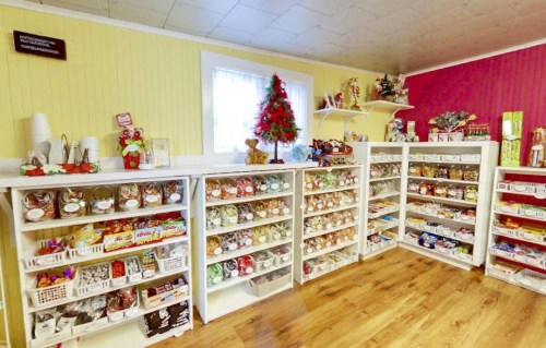 A cozy shop interior with colorful walls, shelves filled with various candies, and a small Christmas tree.