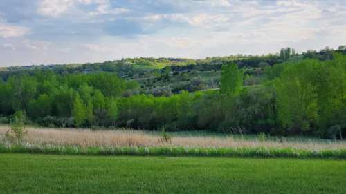Lush green landscape with rolling hills, trees, and a grassy foreground under a partly cloudy sky.