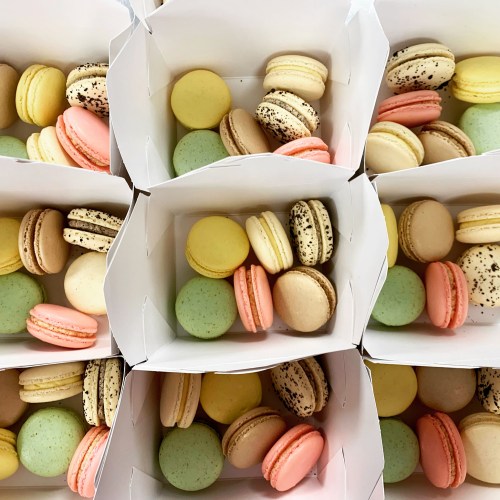 A variety of colorful macarons arranged in white boxes, featuring pastel shades and different flavors.