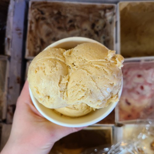 A hand holding a cup of creamy ice cream, with various flavors visible in the background.