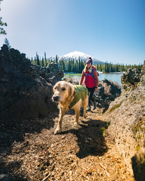 A person in a red backpack hikes alongside a golden retriever near a lake with a snow-capped mountain in the background.