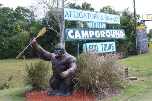 A large, cartoonish gorilla statue holding a paddle stands in front of a sign for a campground and eco tours.