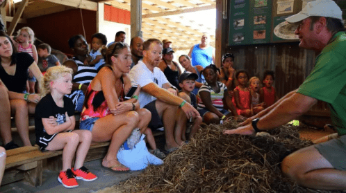 A group of people, including children and adults, watch a presenter demonstrate something on a pile of hay.