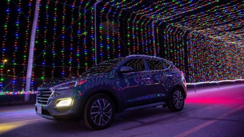A car drives through a colorful tunnel of festive lights at night.