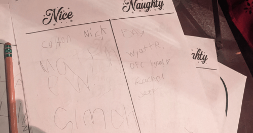 A handwritten list titled "Nice" and "Naughty" with children's names and a pencil beside it.