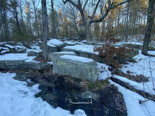 A snowy landscape with large rocks and trees, creating a serene, natural setting in a forest.