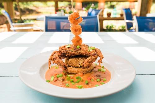A plate featuring fried crab, shrimp skewers, and a savory sauce, garnished with green onions.
